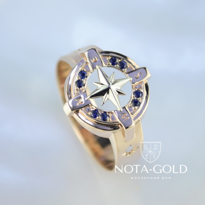 Кольцо печатка Роза ветров 30171 из золота с сапфирами (Вес 6,5 гр.)