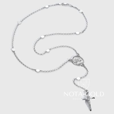 Женский комплект из белого золота православный крестик с иконкой на цепочке со вставками (Вес 14,5 гр.)