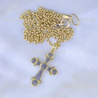 Старославянский крестик с символикой из чернёного золота на золотой цепочке плетение Французское (Вес: 7 гр.)
