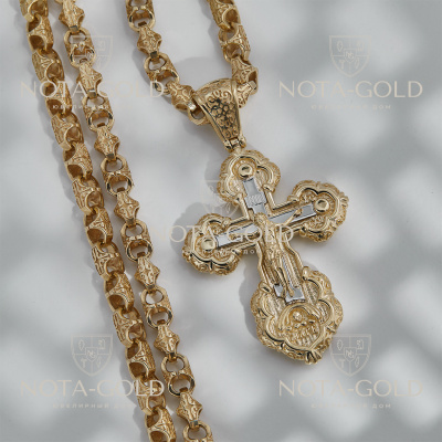 Золотой православный крест на цепочке плетения Краб Средний из золота (Вес: 98 гр.)