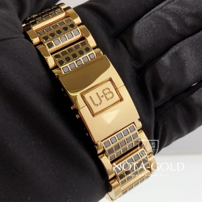 Браслет для часов из жёлтого золота 750 пробы с черными бриллиантами и гравировкой (Вес 156 гр.)