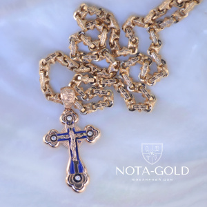 Православный крест из красного золота с эмалью и бриллиантами на цепочке плетение Краб Средний (Вес: 74 гр.)