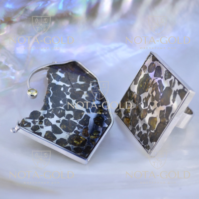 Комплект ювелирных украшений из серебра - кольцо и подвеска с метеоритом (камни клиента) (Вес: 64 гр.)
