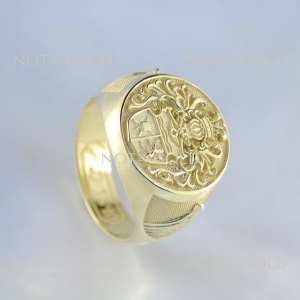 Эксклюзивное мужское золотое кольцо-печатка с гербом и гравировкой (Вес: 17 гр.)
