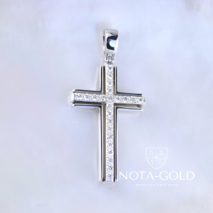 Православный женский крест из белого золота с бриллиантами и гравировкой Спаси и сохрани (Вес: 7 гр.)