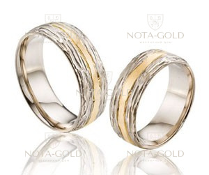 Фактурные необычные обручальные кольца два оттенка золота  на заказ (Вес пары: 14гр.)