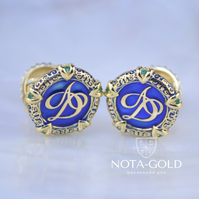 Золотые запонки с эмалью, инициалами, изумрудами и головой бульдога на замке (Вес 34 гр.)
