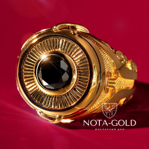 Золотая печатка с крупным черным бриллиантом (Вес 26,6 гр.)