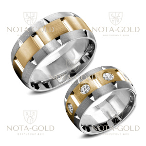 Широкие матовые обручальные кольца браслеты из белого и желтого золота с крупными бриллиантами (Вес пары: 21 гр.)