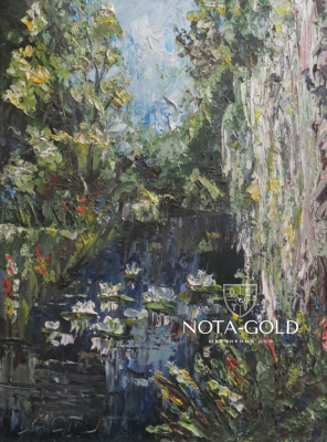 Картина маслом на холсте - Кувшинки на воде в лесу 30x40 см
