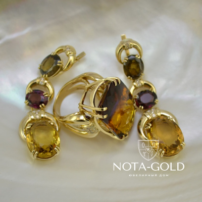 Женский комплект украшений кольцо с аметрином и серьги с цитринами, гранатами и раухтопазами (Вес: 60 гр.)