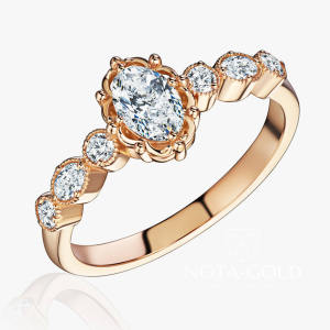 Кольцо в эстетике винтаж с выращенным овальным бриллиантом в розовом золоте (Вес 2,6 гр.)