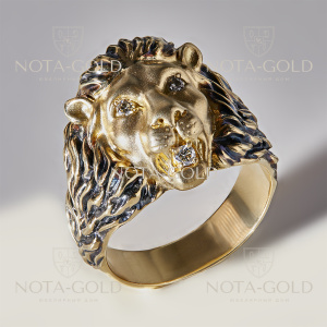 Кольцо печатка лев из золота с чернением и бриллиантами (Вес: 21 гр.)