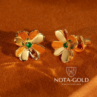 Серьги пусеты Клевер из желтого золота с изумрудами (Вес 5 гр.)