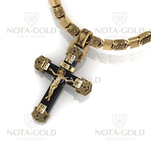 Большой мужской православный крестик из чёрного дерева и чернёного золота (Вес: 23,5 гр.)