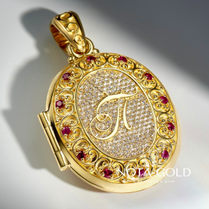 Открывающийся медальон с инициалом П и Львом из желтого золота с бриллиантами и рубинами (Вес 22,3 гр.) 