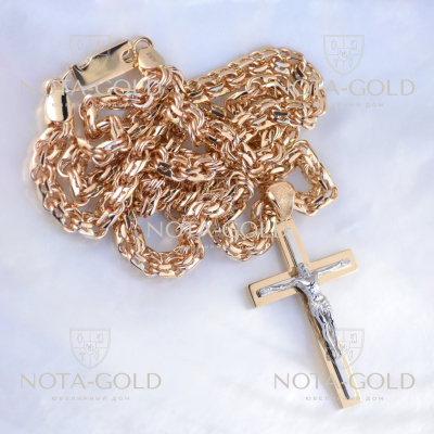 Нательный крест с распятием из красно-белого золота на золотой цепочке плетение Бисмарк (Вес: 53,5 гр.)
