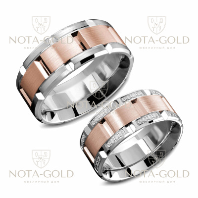 Широкие браслетные обручальные кольца из белого и красного золота с бриллиантами (Вес пары: 23 гр.)