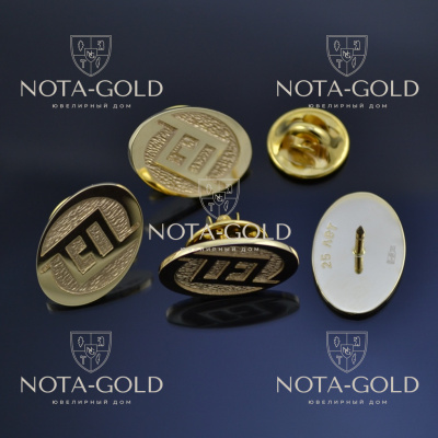 Золотые значки с логотипом компании с креплением цанга-бабочка (вес 2,7 гр.)