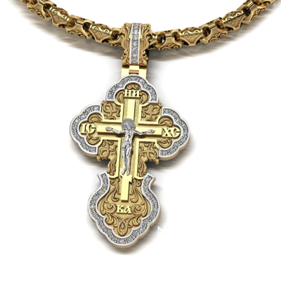 Позолоченный крест крест с распятием, бриллиантами, молитвой Честному и Животворящему Кресту (Вес 15 гр.)