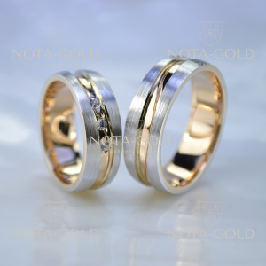 Эксклюзивное двухсплавное обручальное кольцо с шероховатой фактурой и бриллиантами (Вес пары: 16 гр.)