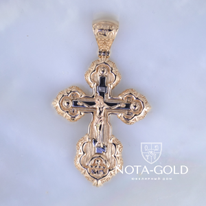 Нательный мужской крестик среднего размера из позолоченного серебра с узорами эксклюзивного дизайна и гравировкой Спаси и Сохрани (Вес: 12,3 гр.)