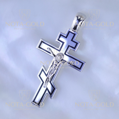 Крест из белого золота с чёрной эмалью и гравировкой Спаси и Сохрани (Вес: 13,5 гр.)