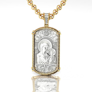 Жетон иконка из жёлтого-белого золота с изображением иконы Казанской Божией Матери и молитвой на обороте (Вес: 17 гр.)
