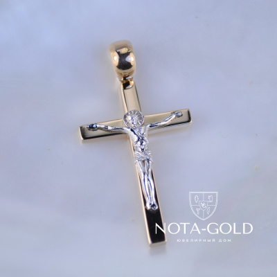 Православный крест из красно-белого золота с распятием и гравировкой Спаси и сохрани (Вес: 7,5 гр.)