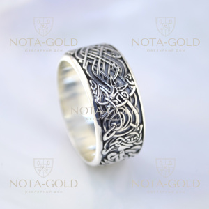 Эксклюзивное широкое кольцо из белого золота с чернением и узором (Вес: 13 гр.)