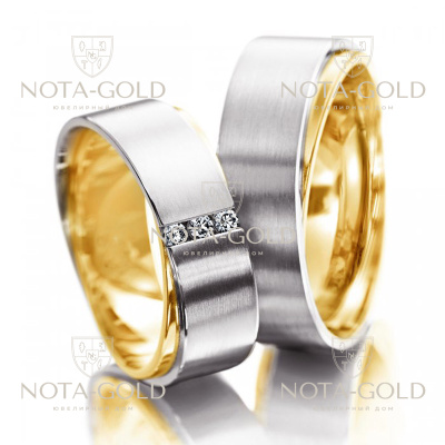 Двухцветные обручальные кольца асимметрия с бриллиантами на заказ (Вес пары: 15 гр.)