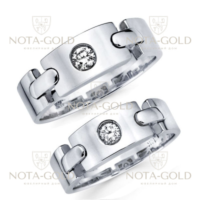 Широкие платиновые обручальные кольца в виде звеньев браслета с бриллиантами (Вес пары: 20 гр.)
