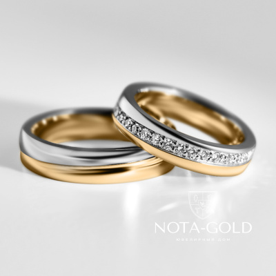 Обручальные кольца из двух видов золота с бриллиантами и гравировкой Господи, спаси и сохрани нас (Вес пары 11 гр.)