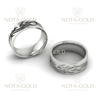 Широкие обручальные кольца из белого золота с узором (Вес пары: 18 гр.)