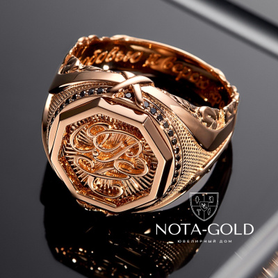Мужское кольцо из красного золота с монограммой и черными бриллиантами (Вес 19,7 гр.)