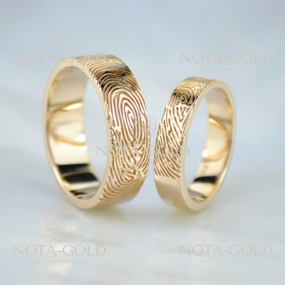Плоские обручальные кольца с отпечатками пальцев из красного золота (Вес пары:12 гр.)
