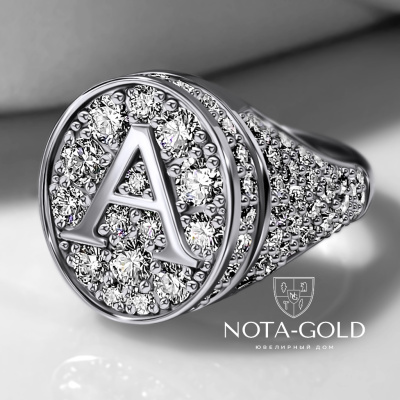 Кольцо-печатка с монограммой буква А из белого золота с бриллиантами (Вес 14 гр)