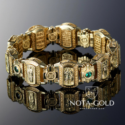Православный браслет из красного золота с ликами святых и изумрудами (Вес 138 гр.)