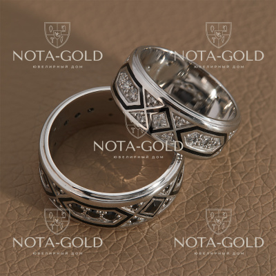 Обручальные кольца из белого золота с бриллиантами и чернением (Вес пары 13 гр.)
