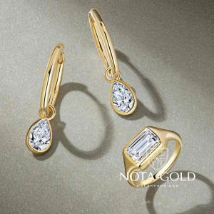 Женский ювелирный комплект серьги и кольцо из желтого золота с лабораторными бриллиантами огранки Багет и Груша (Вес 9,6 гр.)