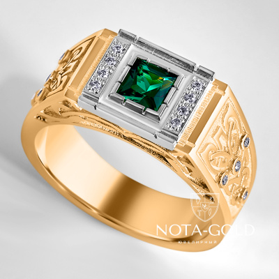 Мужское кольцо печатка с орнаментом из двухцветного золота с изумрудом и бриллиантами (Вес: 16 гр.)