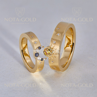 Обручальные кольца солнце и луна из жёлтого золота с бриллиантами (Вес пары: 19 гр.)