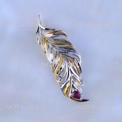 Подвеска перо павлина из белого золота с рубином (Вес: 4,5 гр.)