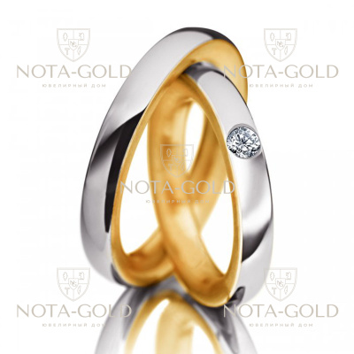 Двухцветные обручальные кольца круглого сечения с бриллиантом на заказ (Вес пары: 11 гр.)