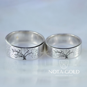 Обручальные кольца с изображением дерева из белого золота с чернением (Вес пары:14 гр.)