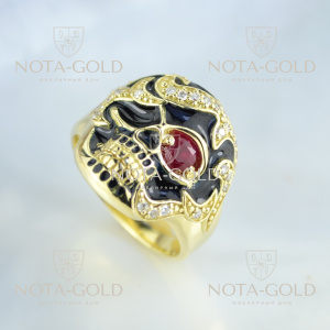 Мужское кольцо перстень череп с рубином, бриллиантами и чёрной эмалью (Вес: 17 гр.)