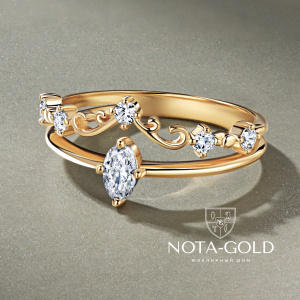 Женское двойное кольцо из желтого золота  с лабораторными бриллиантами (Вес 2,4 гр.)