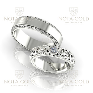 Обручальные кольца Весна из белого золота с бриллиантом и узором (Вес пары: 13 гр.)