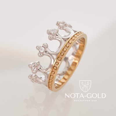 Кольцо в виде короны из позолоченного серебра с бриллиантами (Вес: 11 гр.)