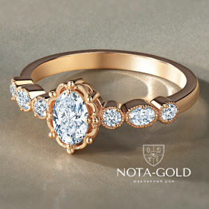 Кольцо в эстетике винтаж с овальным бриллиантом в розовом золоте (Вес 2,6 гр.)